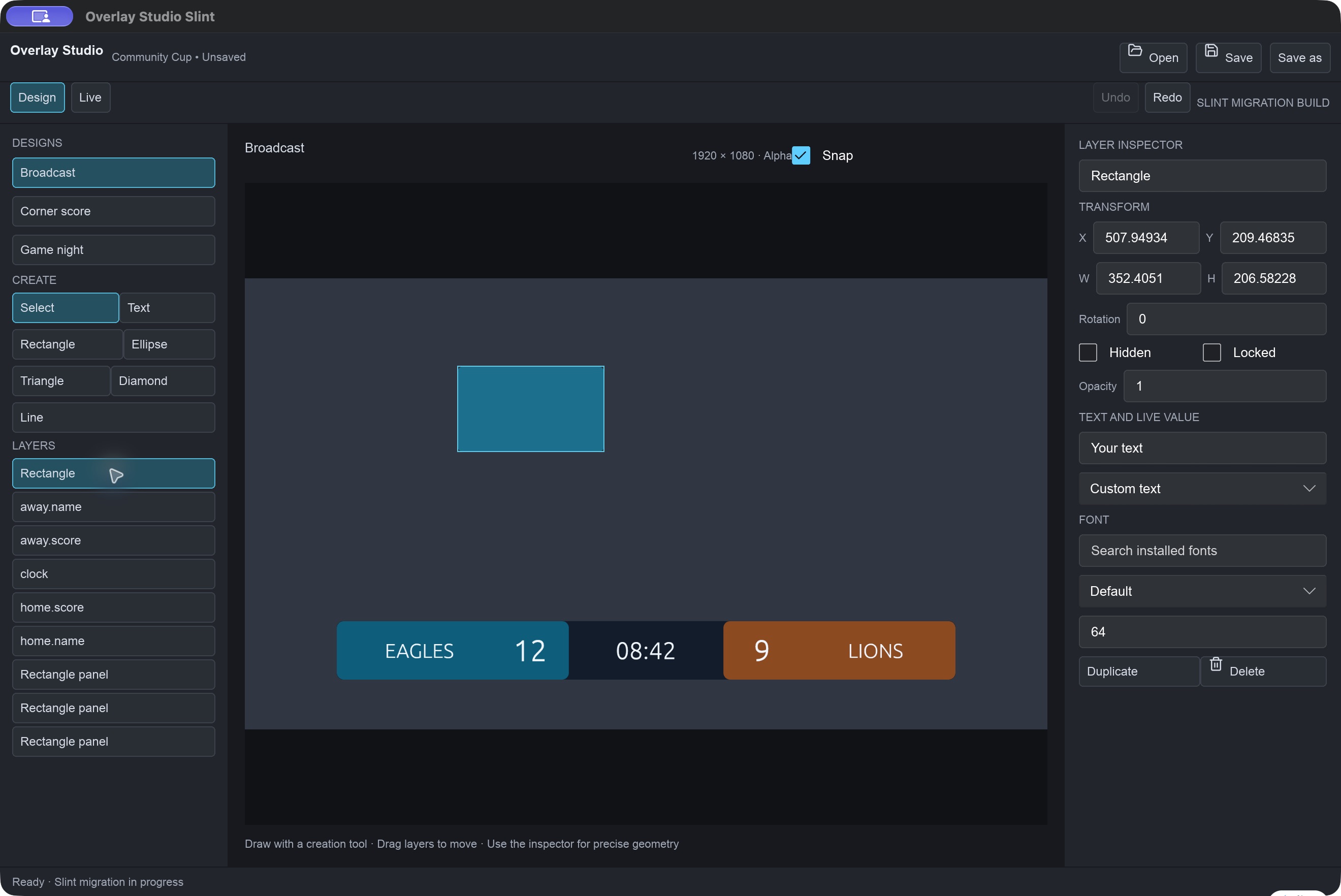 Overlay Studio design workspace with a scoreboard canvas
