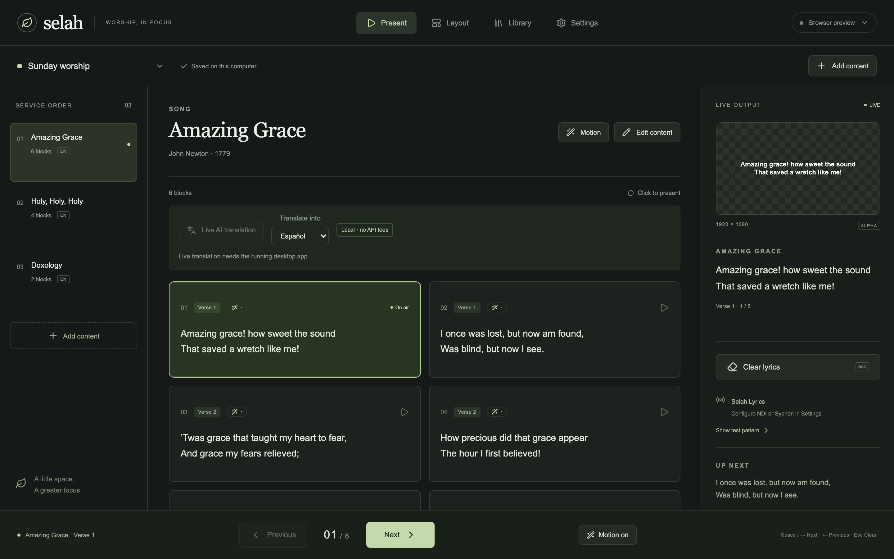 Selah Present view with Amazing Grace on air and live alpha preview