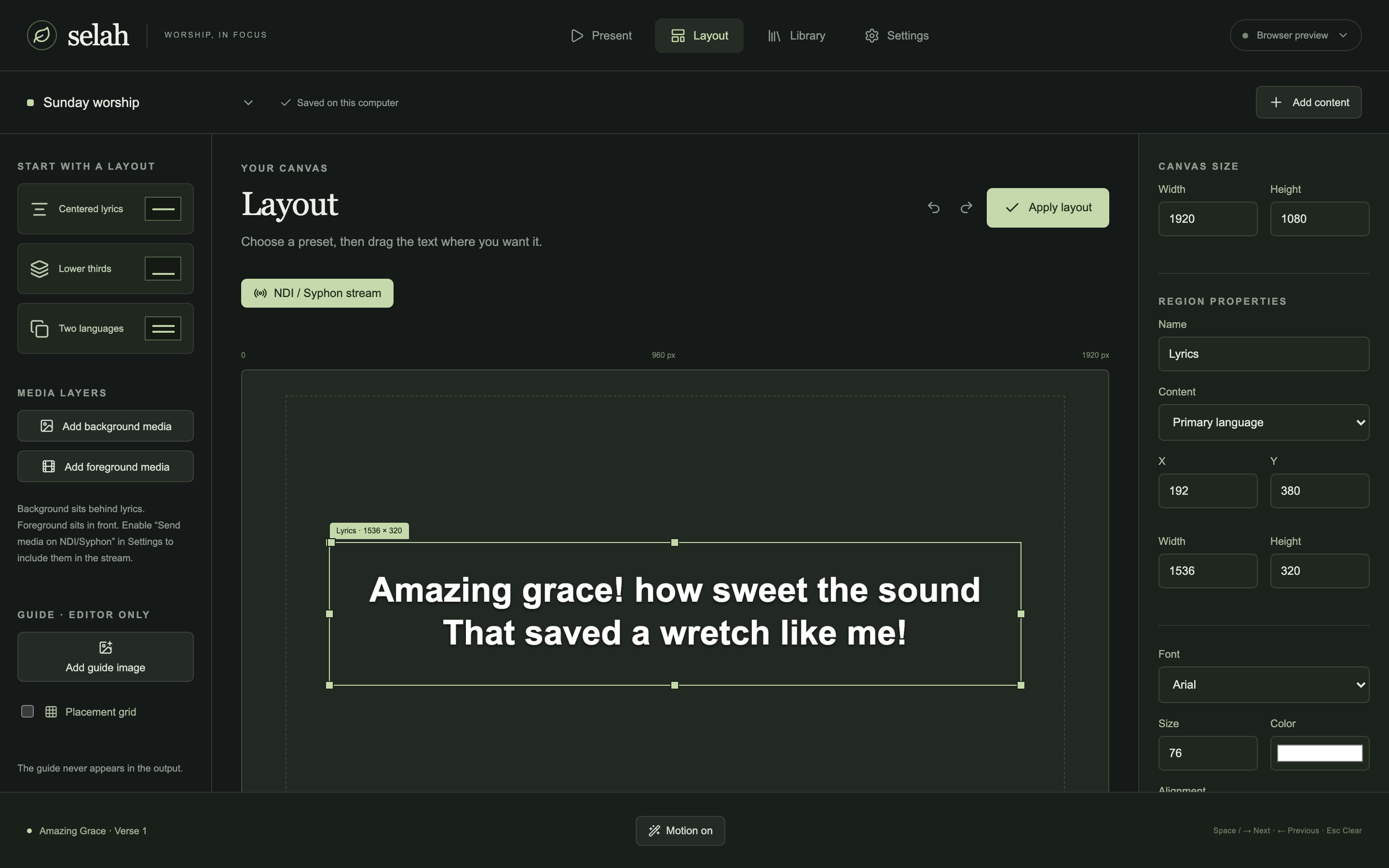 Selah Layout editor with lyric region on canvas