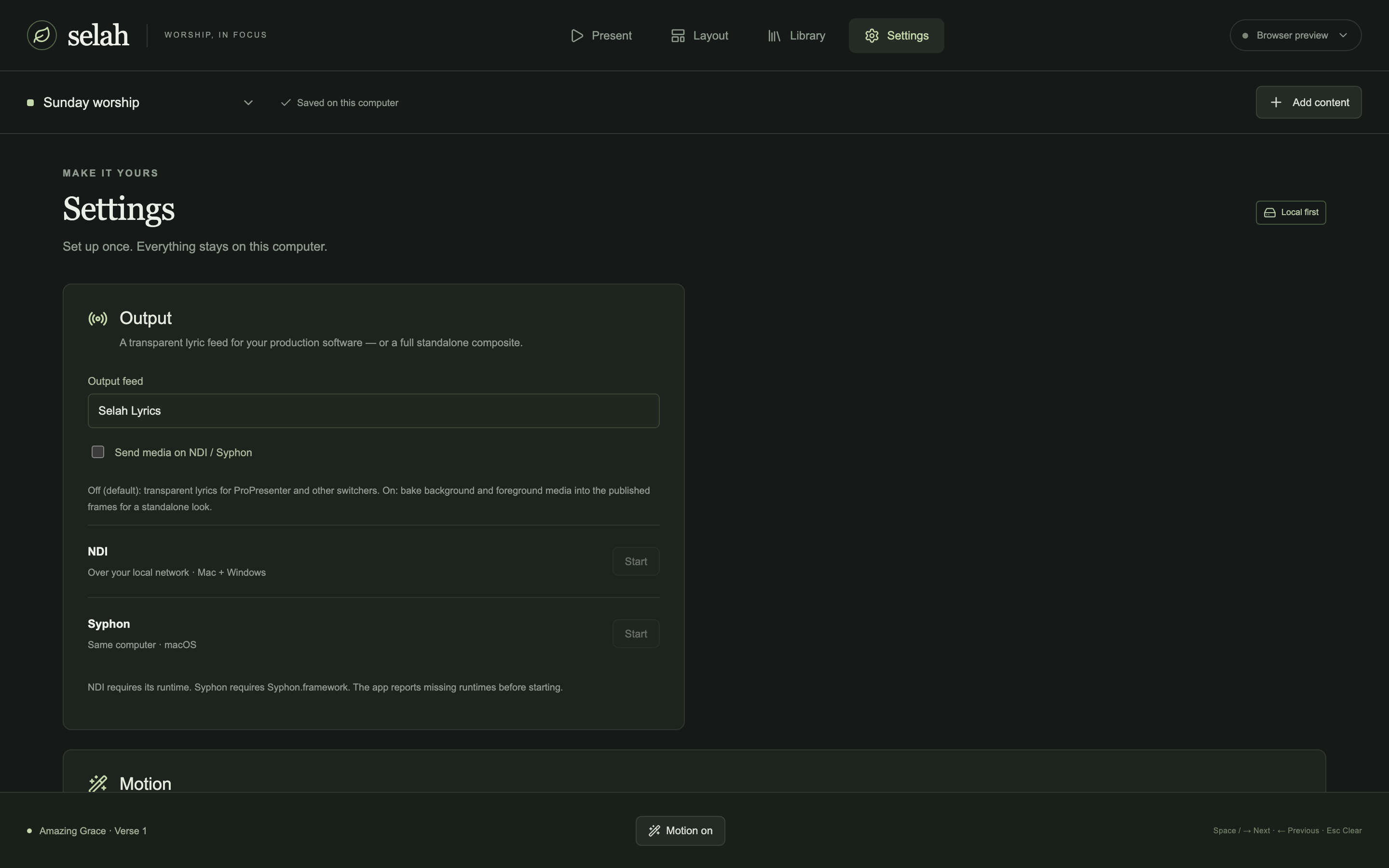 Selah Settings output with NDI and Syphon